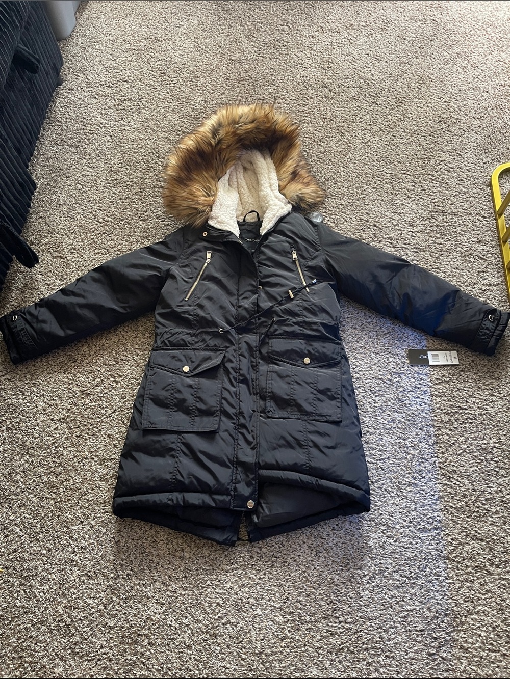 bebe Black Puffer Parka with Faux Fur-Trimmed Hood